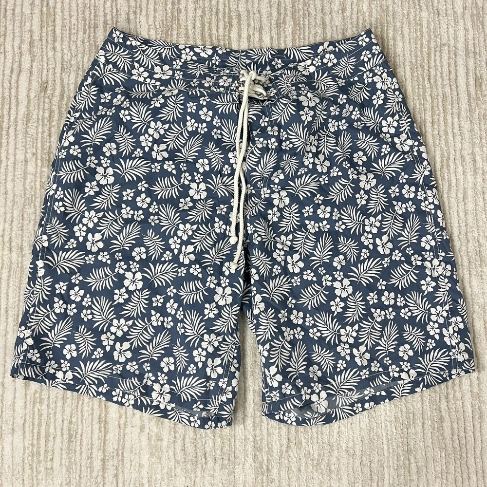 J Crew Mens Floral Swim Trunks Board Shorts Tropical Blue Size 34 Drawstring